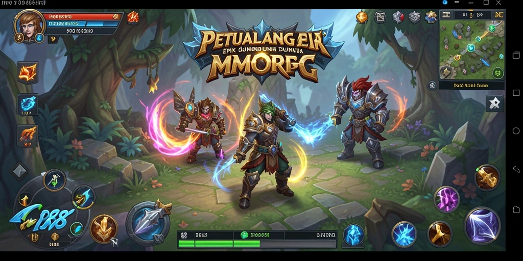 Screenshot utama menunjukkan karakter pemain bertarung melawan monster di dunia fantasi.