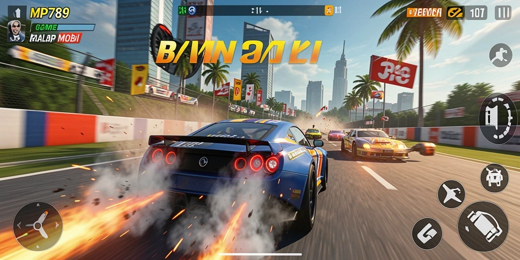 Tampilan gameplay mendebarkan di <strong>MVP789</strong> dengan mobil-balap melaju kencang.