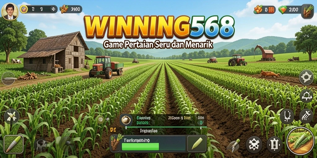 Tangkapan layar gameplay WINNING568 menampilkan lahan pertanian yang indah dan interaksi antara karakter.